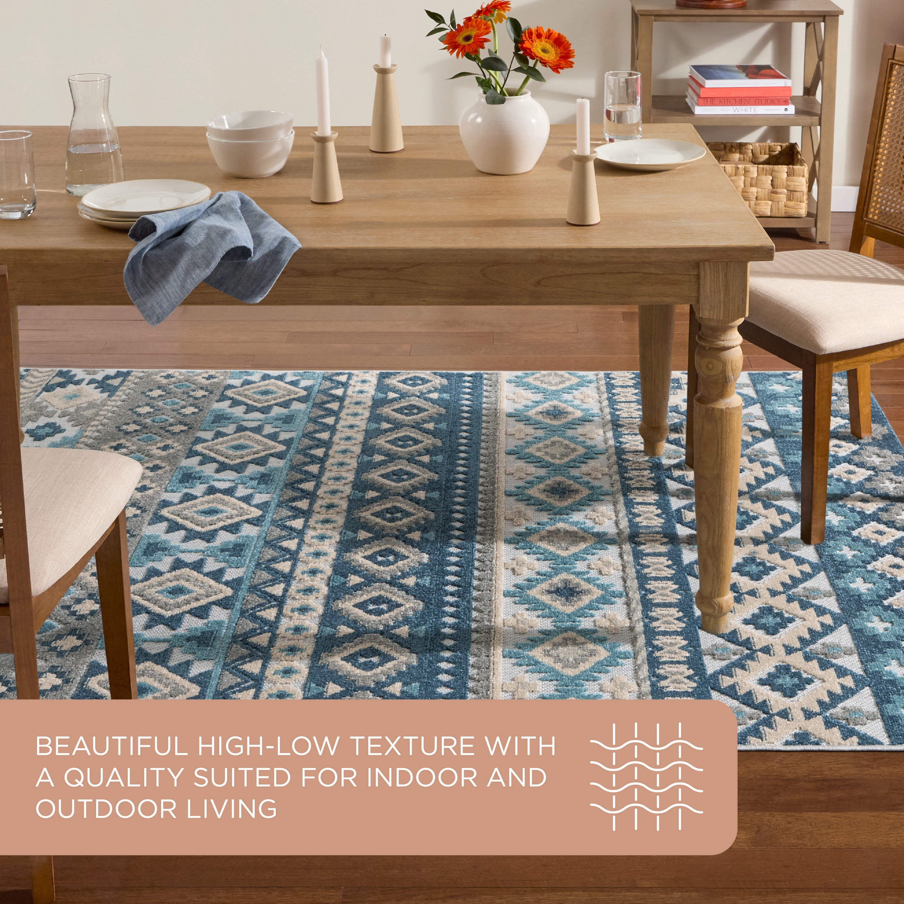TOWN & COUNTRY EVERYDAY Dahlia Southwestern Stripe Indoor Outdoor Area Rug, UV Fade Resistant, High-Low Pile, Blue/Multi, 7'10"x10'2"
