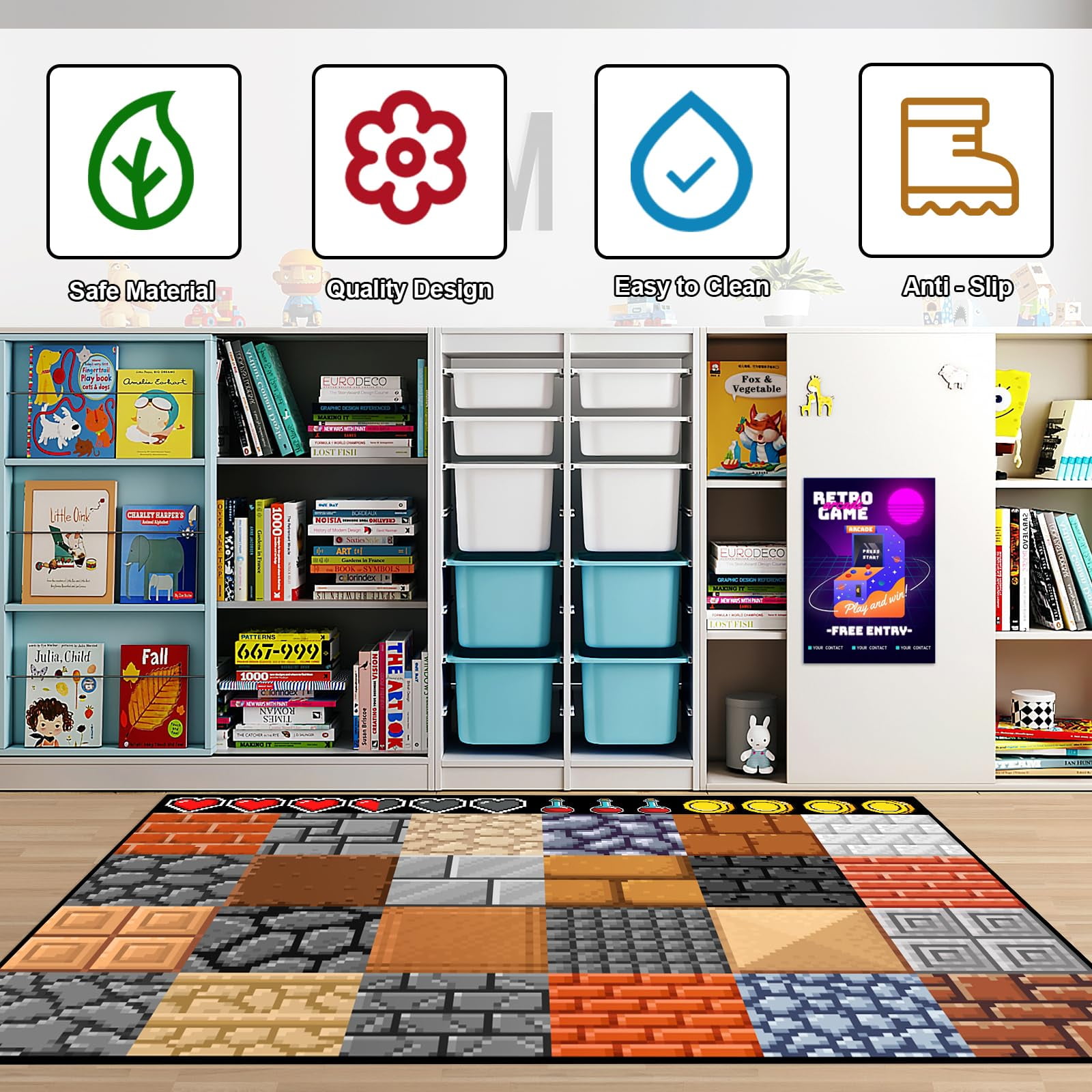 Game Rug Teen Boys Carpet with Wall Pixel Game Element Decoration, 8 Bit Old Game Rugs for Boy’s Bedroom Living Room Playroom, Non-Slip Children Gaming Area Rugs (79" x 59")
