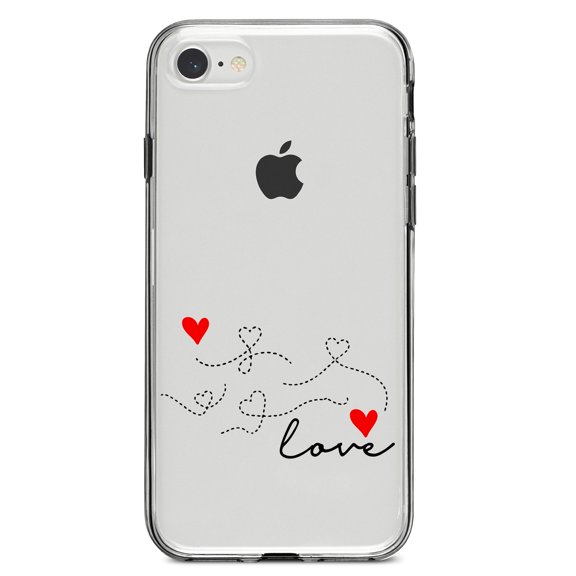 DistinctInk Clear Shockproof Hybrid Case for iPhone 7 8 SE (2020 Model) 4.7" Screen TPU Bumper Acrylic Back Tempered Glass Screen Protector - Love Heart Flourish Black & Red