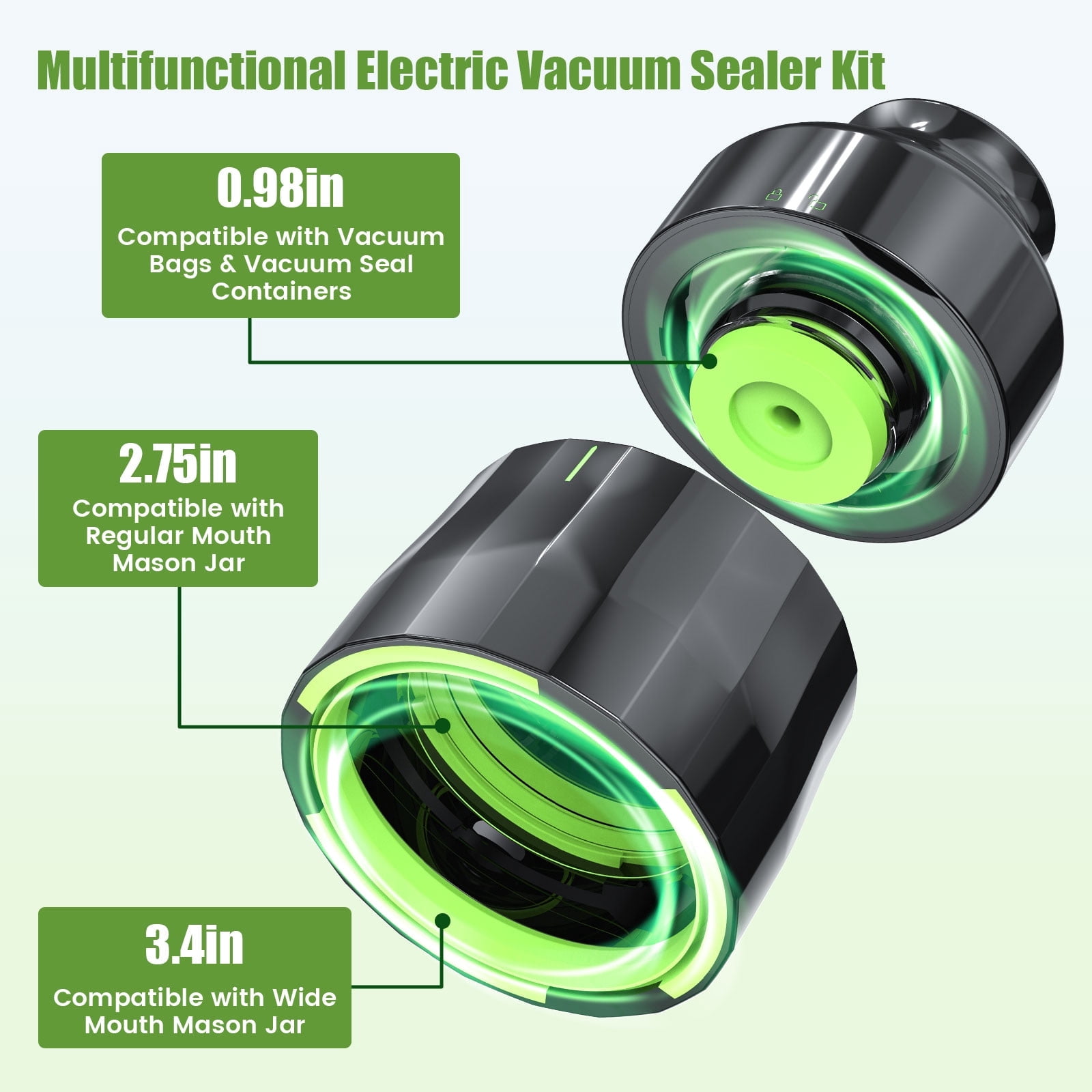 Electric Mason Jar Vacuum Sealer Kit,Jar Vacuum Sealer for Canning Jars-3 in 1 Sealer Compatible with Wide & Regular Mason Jars/Vacuum Bags/Seal Containers for Food Storage (Black)