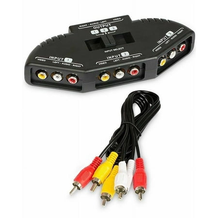 Black 3 Port AV Composite RCA Selector Box Switch Splitter w/ Cable Cord Plug