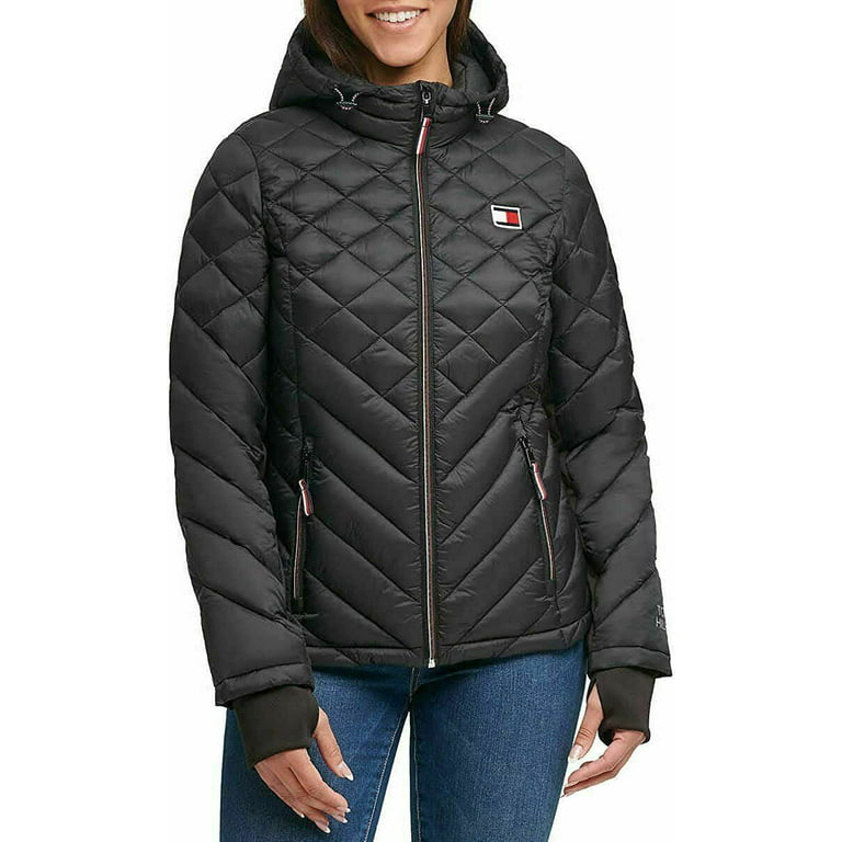 Tommy Hilfiger Womens Packable Hooded Puffer Jacket Size: Small, Color: black -