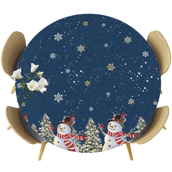 Round Fitted Tablecloths with Elastic Edge Christmas Trees Snowman Oil-Proof Waterproof Wipeable Table Cover for Kitchen Dining Party Decor Winter Gold Snowflake on Blue Table Clothes,36" - 44"