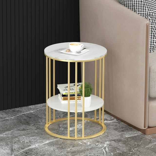 Wisfor Table Basse à 2 Niveaux avec Dessus en Marbre, Table d'Appoint Ronde avec Pattes Dorées pour Salon, Chambre, Balcon