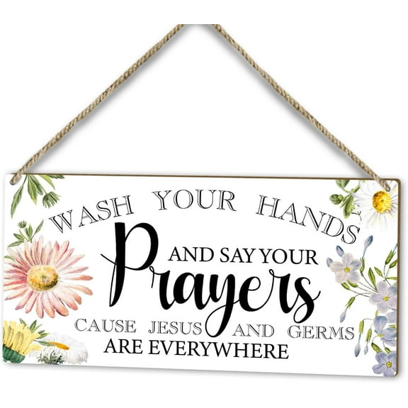 Wash Your Hands and Say Your Prayers Sign, Christian Wood Door Religion Hanging Plaque Decor, Home Farmhouse Flower Bathroom Kitchen Shelf Decor Wooden Sign, 10X 5 Inch