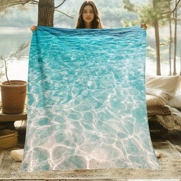 Tropical Ocean Waves Throw Blanket - Turquoise & Sandy Beach Design, Lightweight Flannel All-Season Soft Warm Blanket for Couch, Bed, Camping, Travel - Portable Indoor/Outdoor Decorative Bedspread