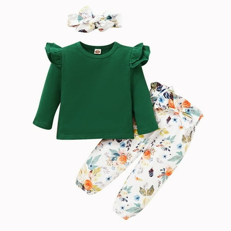 

Kucnuzki 3T Toddler Girl Fall-Winter Outfits Pants Sets 4T Long Sleeve Solid Color Ruffled Layer Tops Elastic Floral Pants Headband 3PCS Set Green