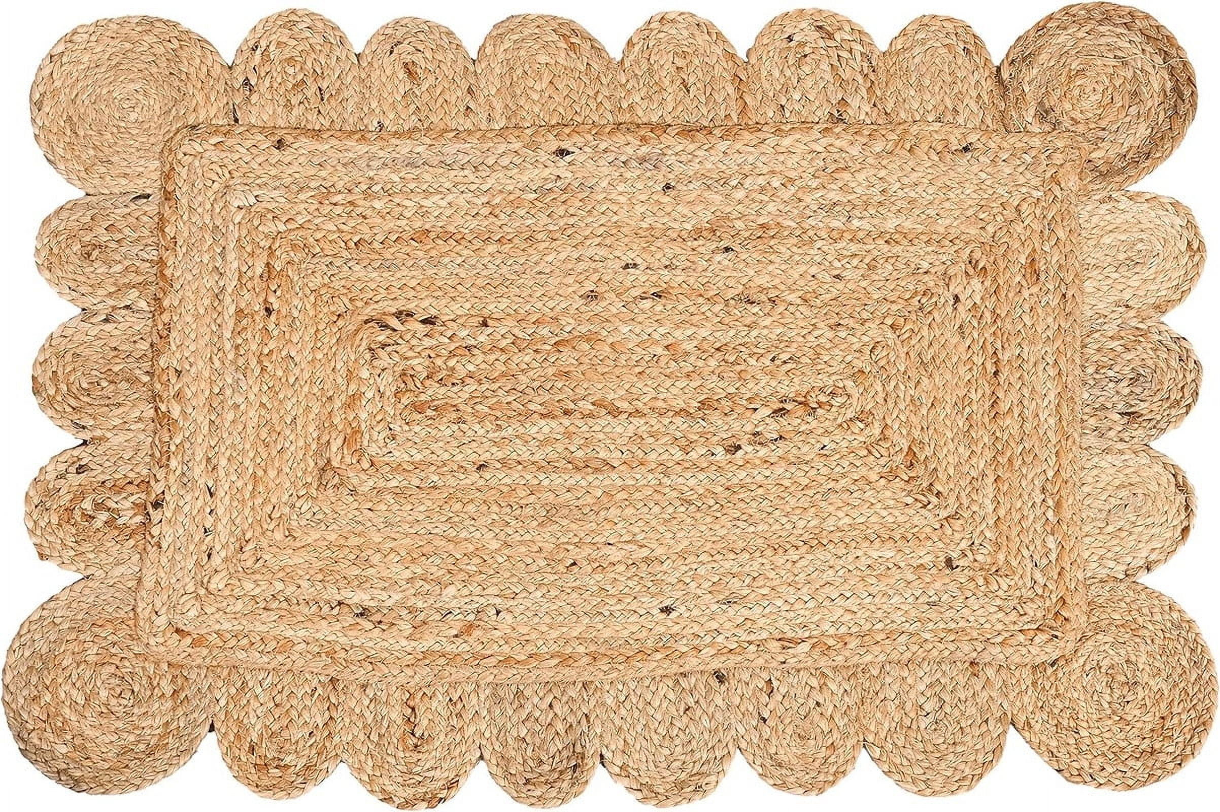 KLAVATE Natural Jute Hand Braided Scalloped Area Rug