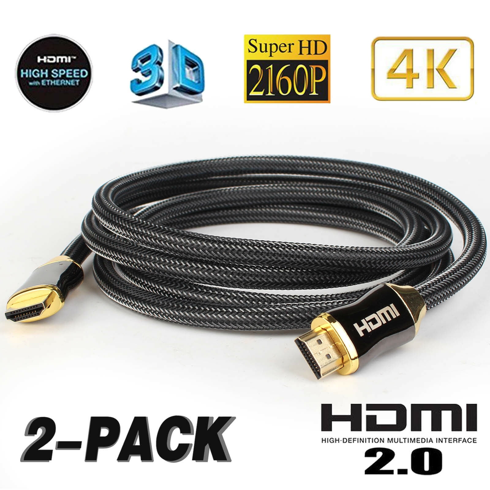 2pcs 6ft v2.0 HDMI Cable 4K 60Hz HDR UHD 444 18Gbps HDCP 2.2