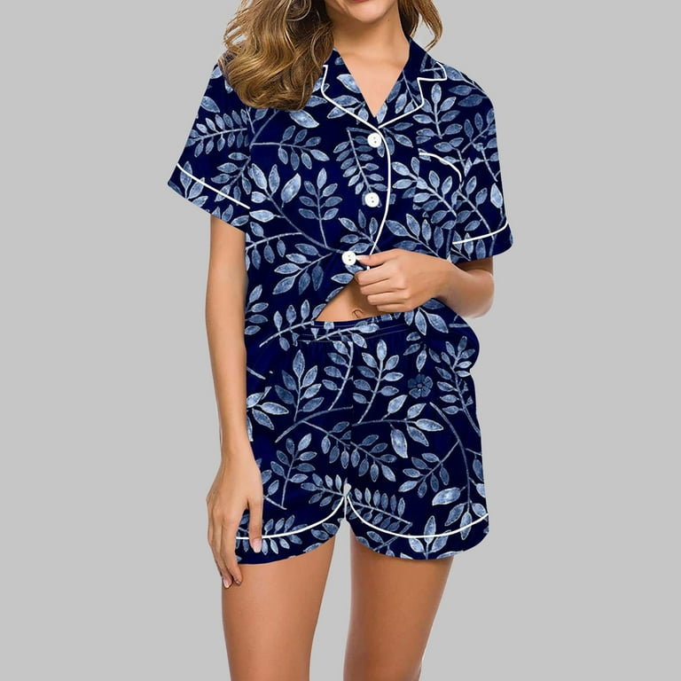Uaswgudfs Womens Soft Silk Satin Pajamas Sets Palm Leaf 2 Piece Pjs Short Sleeve Button Down Sets Soft Comfy Sleepwear Loungewear XL Walmart