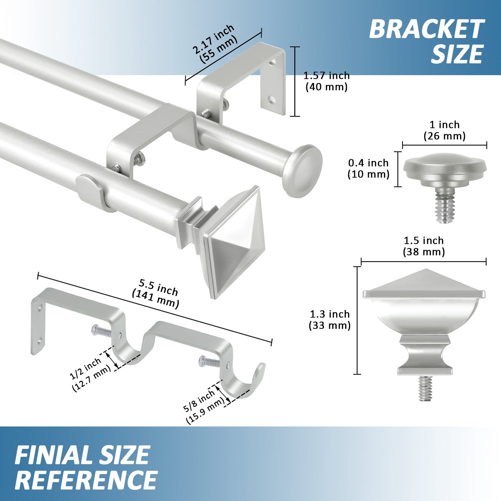 Urbanest Adjustable Double Curtain Rod Set Metal with Decorative Square Urn Finials, Heavy-Duty