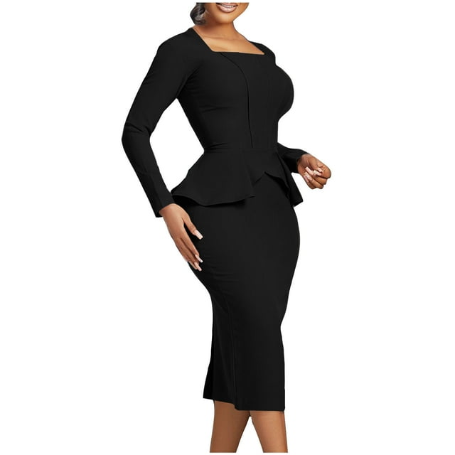 QIPOPIQ Women Fashion Peplum Bodycon Short Sleeve Square Neck Club Ruffle Pencil Party Dress Clearance