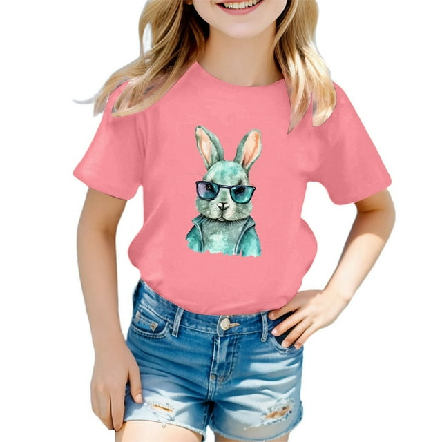 MIASHUI Boys Girls Easter Shirts Bunny Short Sleeve Tee Funny Rabbit Graphic T Shirts,Pink,4-5 Years