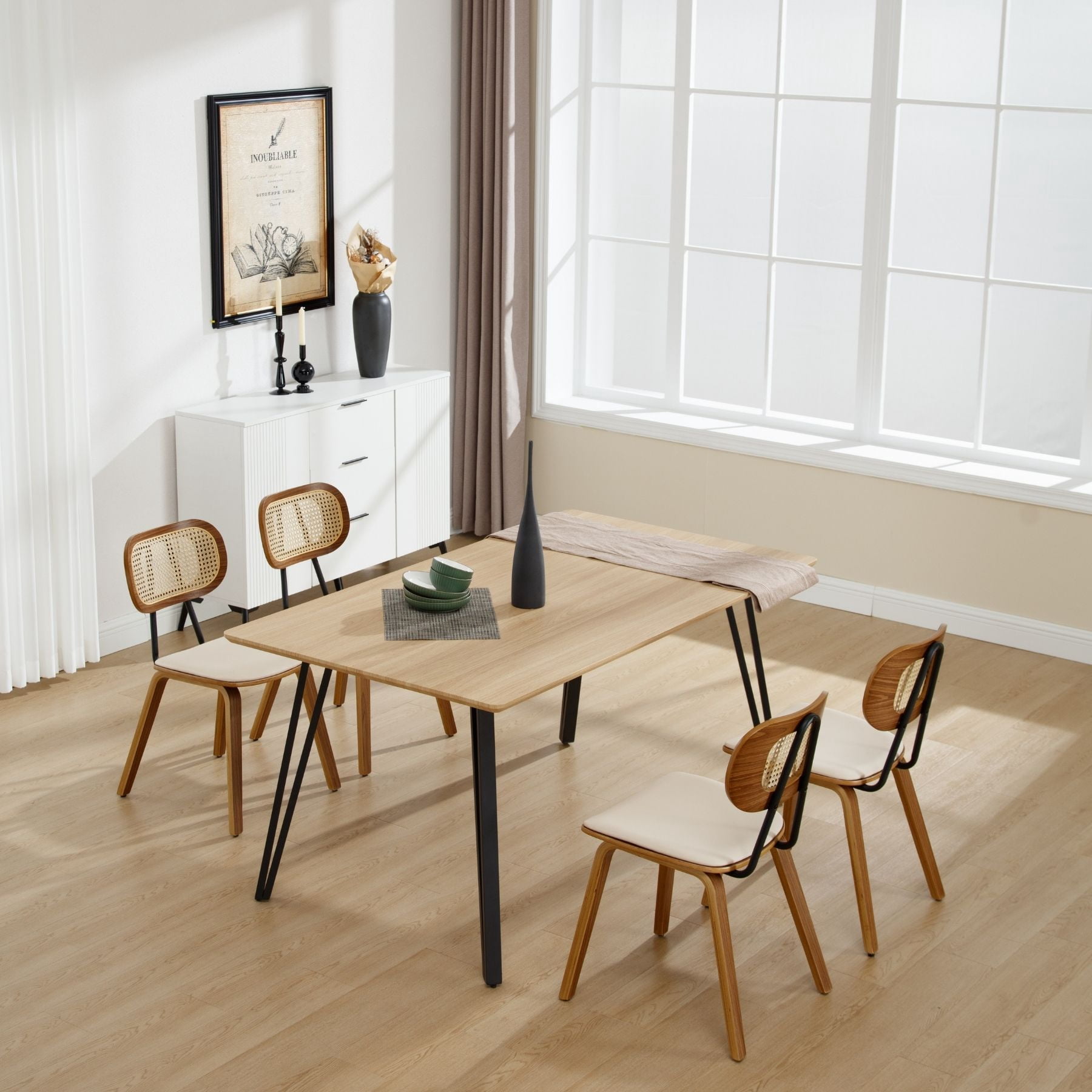 Modern Mid-Century Dining Chairs Set of 4,Upholstered Faux Leather Side Chairs with Rattan Backrests and Wood Legs for Dining Room, Kitchen or Living Room, Beige