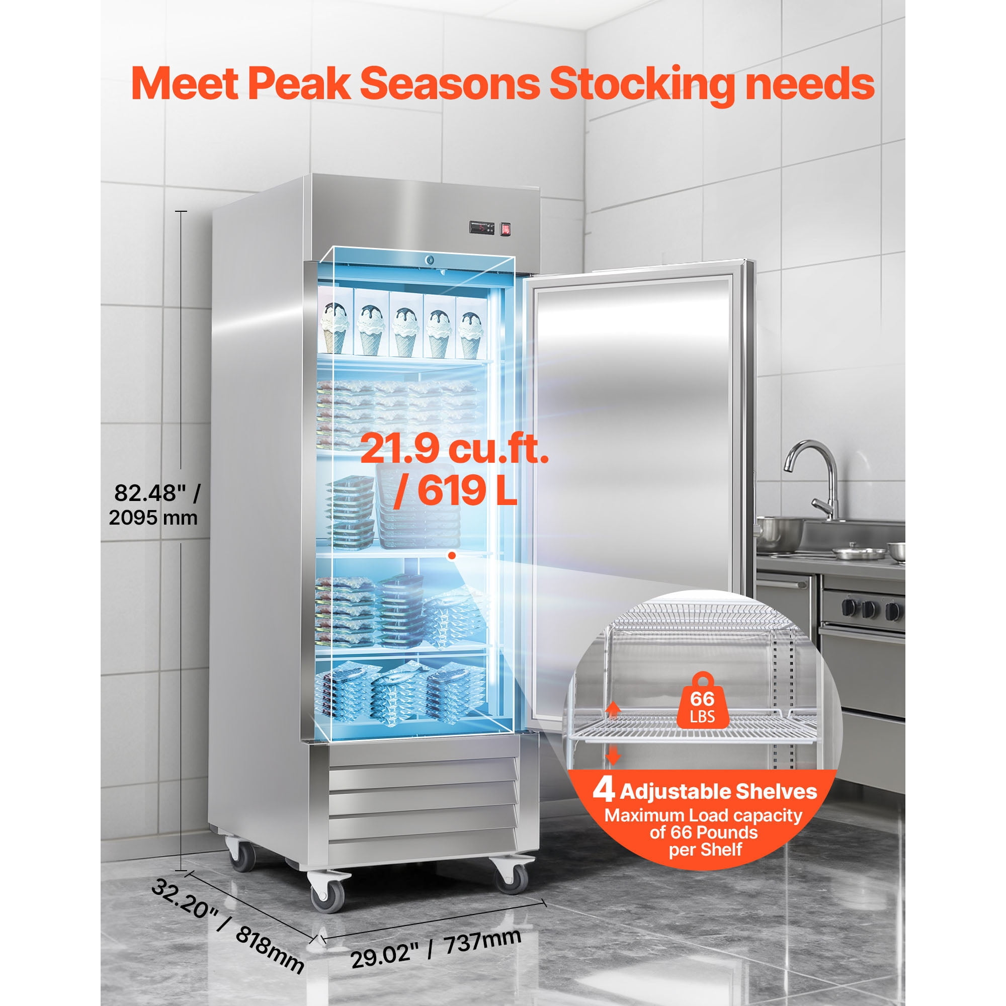 KFFKFF Commercial Stainless Steel Upright Freezer, 29" Wide, 22 Cu.Ft Capacity, Single Door with Auto-Defrost, Adjustable Shelves, -11 to 14℉ Temperature Range, LED Lighting, ETL Certified