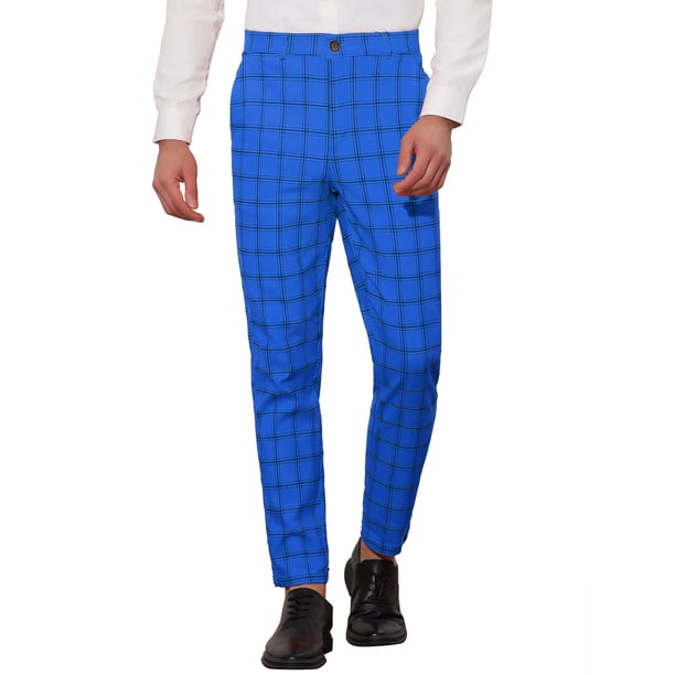 Pantalones de vestir de cuadros para hombre Inspire Chic, de corte delgado, frente plano, patrón de cuadros, azul, talla 34