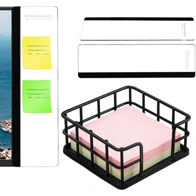 Shiyou-porte-Notes Adhésif pour Bureau, 1 PCS Porte-Notes Adhésif Noir avec 2 Pcs Tableau Mémo pour Moniteur d'Ordinateur pour Bureau, Distributeur de Notes Adhésif pour Bureau Accessoires de Bureau Message Dortoir