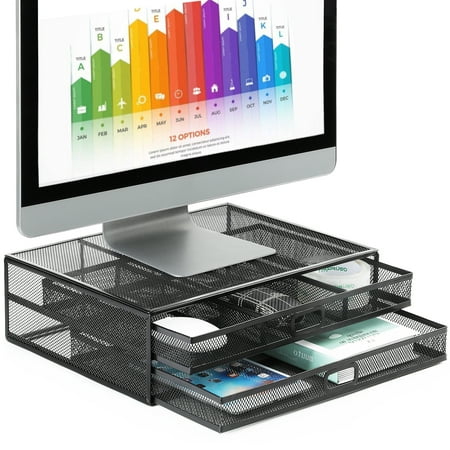 PERLESMITH Computer Monitor Stand Riser with Drawers, Mesh Metal Desk Organizer, Printer Stand Storage