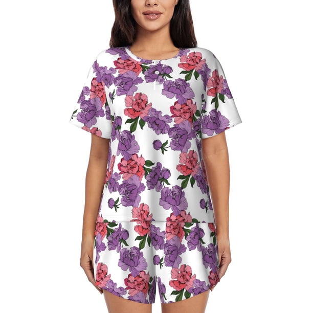 Fotbe Peonies Conjunto de Pijama Estampado para Mujer, 2 Piezas, Ropa de Dormir con Camiseta de Manga Corta y Shorts Suaves-Medium