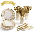 thumbnail image 1 of Suministros para fiestas en blanco y dorado, juegos de platos y servilletas de cumpleaños con platos de postre desechables biodegradables y compostables con lunares dorados para decoraciones de bodas, 1 of 6