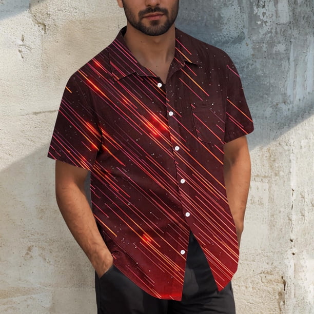 Blusa y camisa de manga corta con cuello vuelto para hombre, blusa informal de moda con cuello vuelto, blusa estampada de manga corta con botones, blusa de poliéster para hombre
