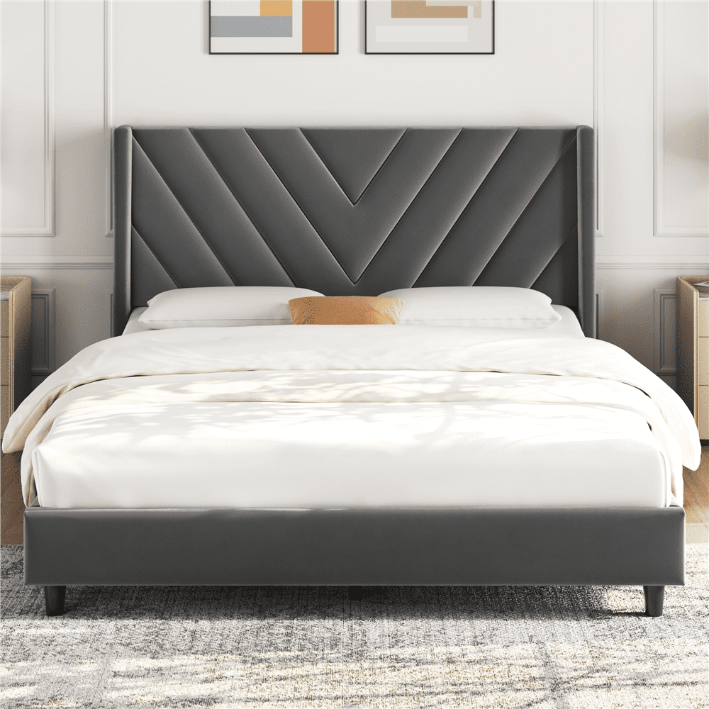 Renwick Upholstered Platform Full Size Bed with Slat Support for Adults, Dark Gray