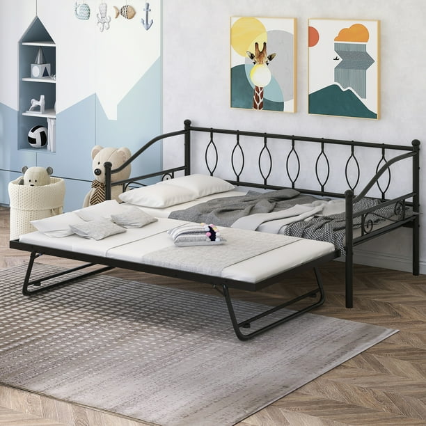 Twin Metal Daybed With Pop Up Trundle Bed Heavy Duty Steel For Bedroom Living Room Modern Size Frame Adjustable No Box Spring Needed Black Com Twin Metal Daybed With Pop Up Trundle, Trundle Bed Pop Up
