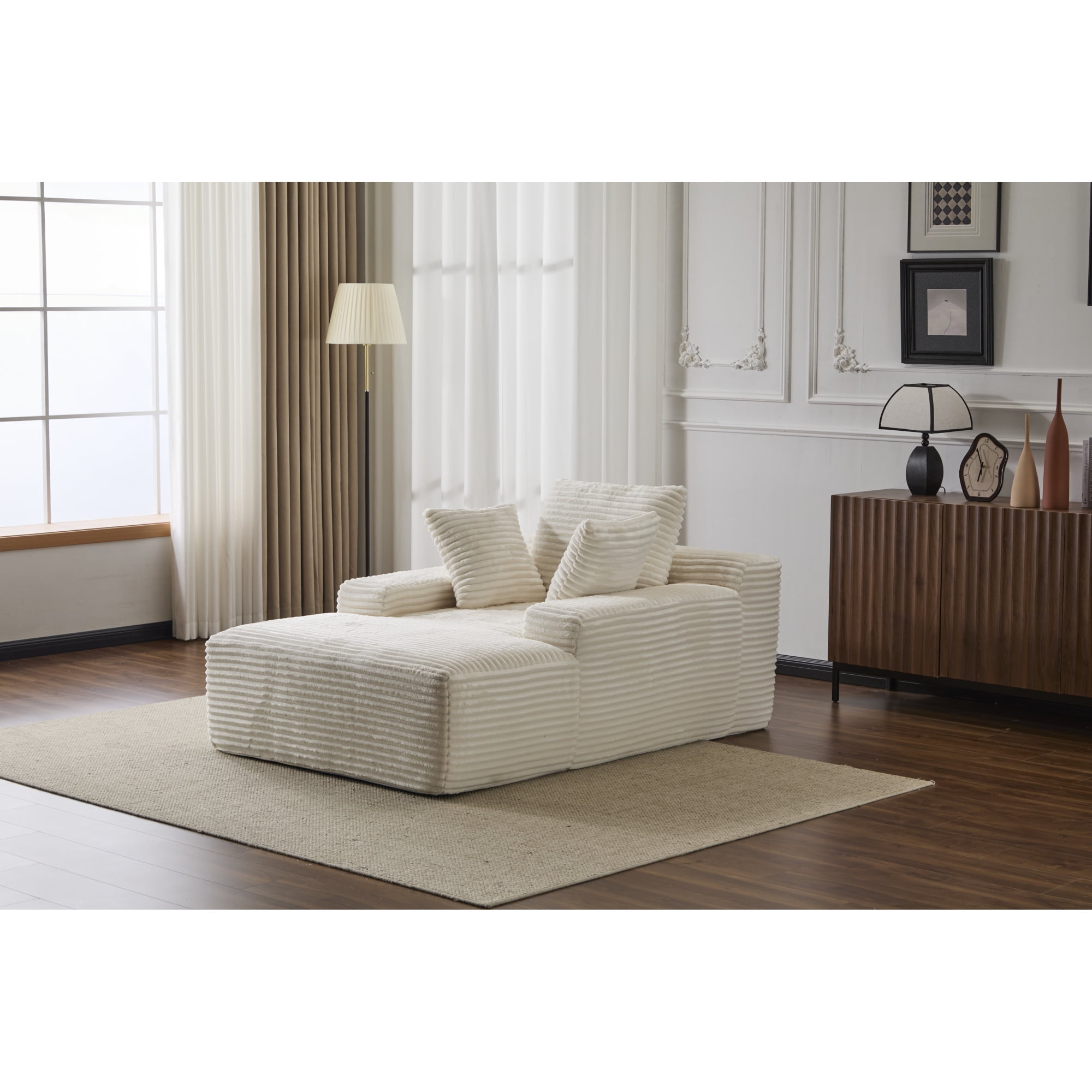 Leumius Oversized Chaise Lounge Indoor,Cozy Cloud Couch Modern Plush Corduroy Upholstered Sofa Bed with 3 Pillows and Wide Armrest for Living Room, No Assembly Required,White