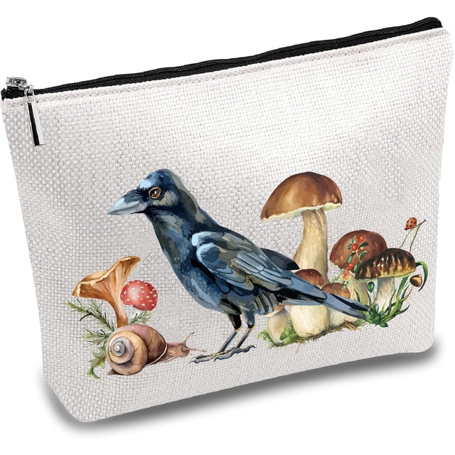 Bolsas de maquillaje con diseño de setas de pájaro para bolso, neceser multifunción con cremallera metálica, neceser de viaje de polialgodón, neceser grande de almacenamiento.