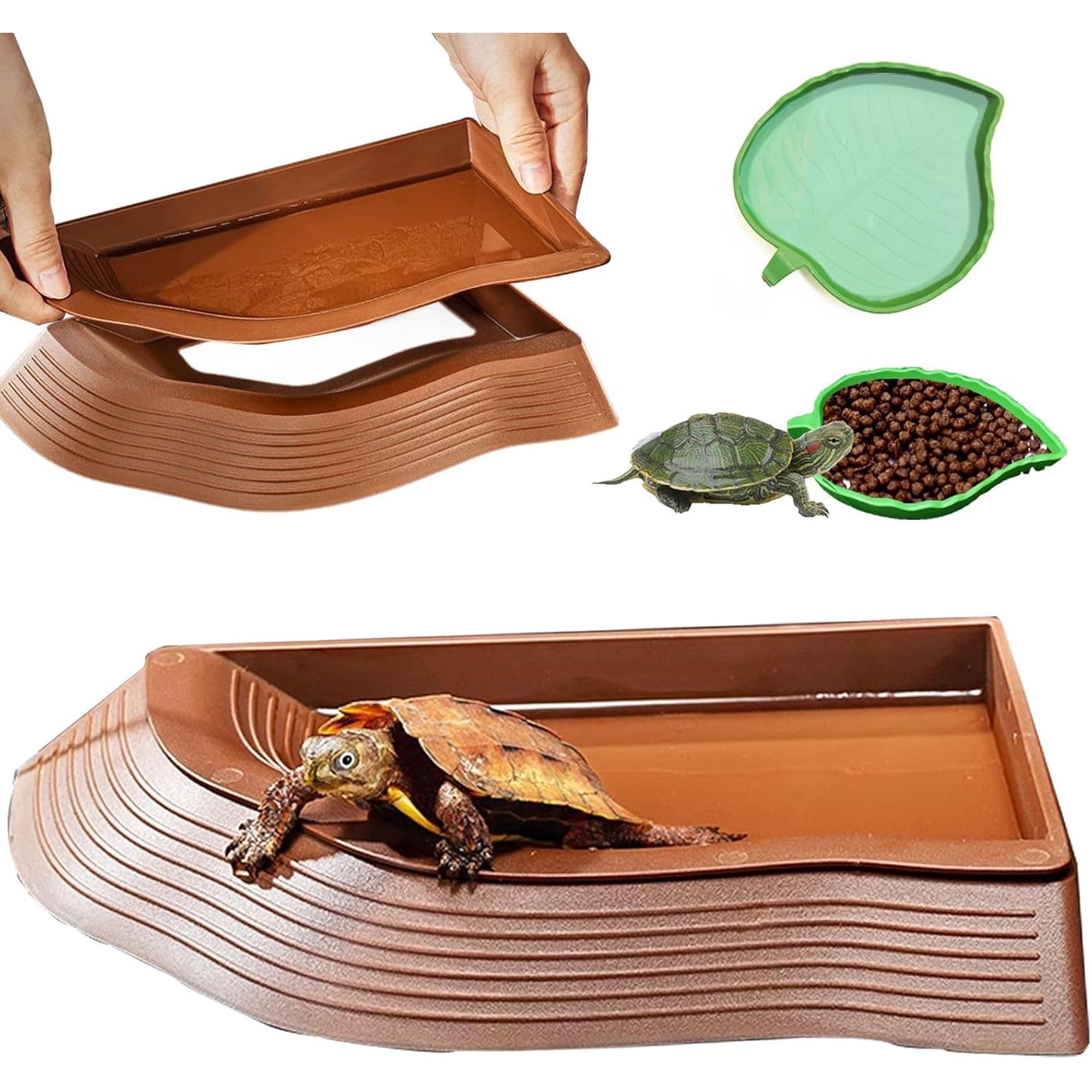 3PCS Tortoise Water Bowl with Ramp Leaf Tortoise Food Water Pool Reptile Bathing Turtle Soaking Dish Aquarium Habitat Accessories Small