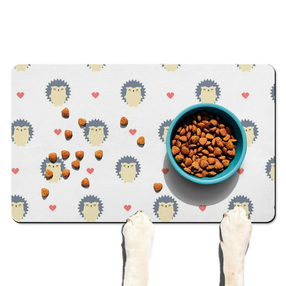 Colorful Hedgehog & Floral Dog Mat - Waterproof Pet Placemat with Playful Hedgehog Illustration