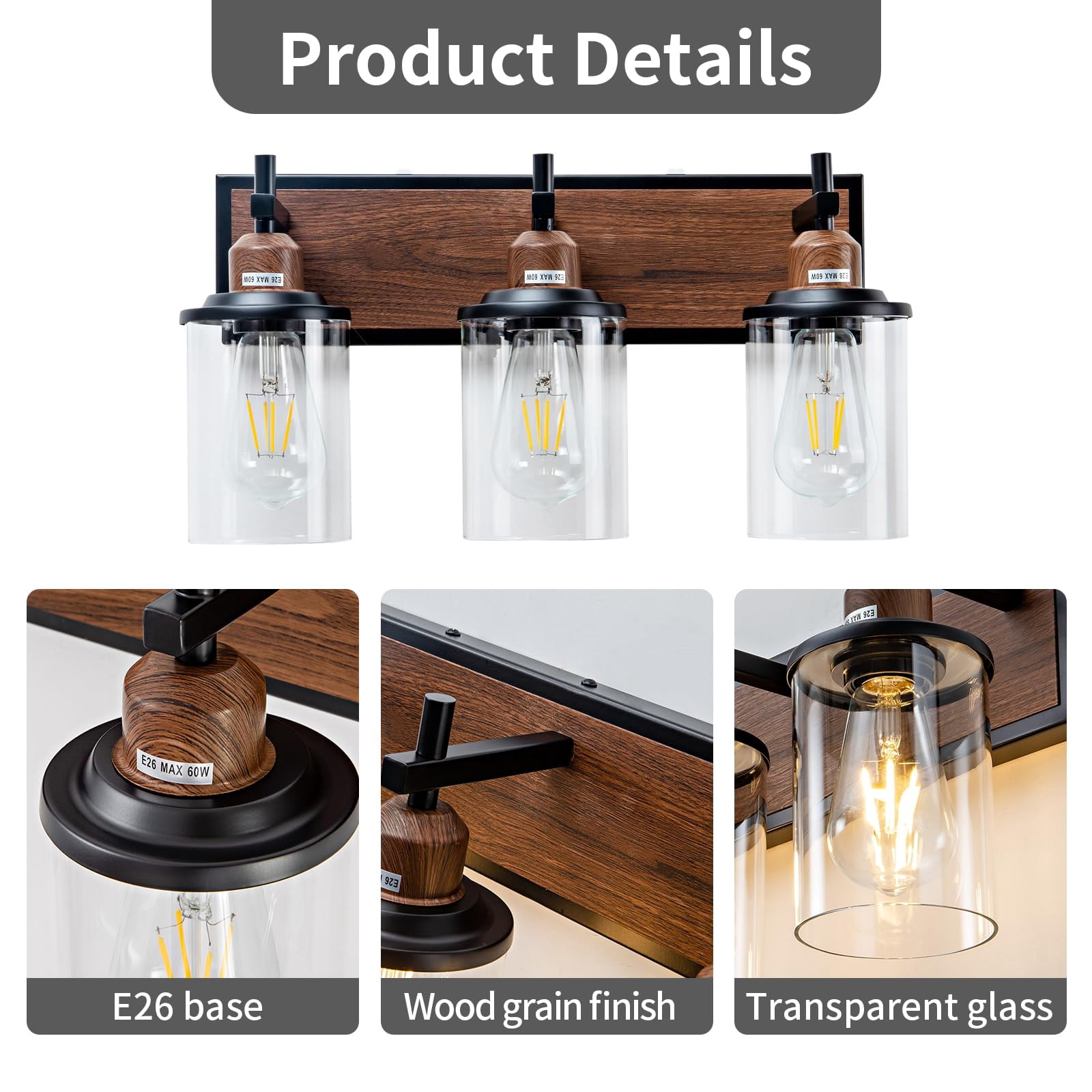3-light Farmhouse Bathroom Light Fixtures Vintage Vanity Lights Over Mirror Black And Wood Painted Metal With Glass Shades E26 Socket