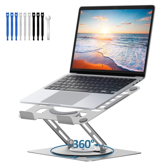 Tecfino Swivel Laptop Stand for Desk, 360° Rotating Adjustable Metal Computer Stand with Cooling Ventilation, Foldable Laptop Holder and Laptop Riser for 10-17 Inch Devices, Sliver