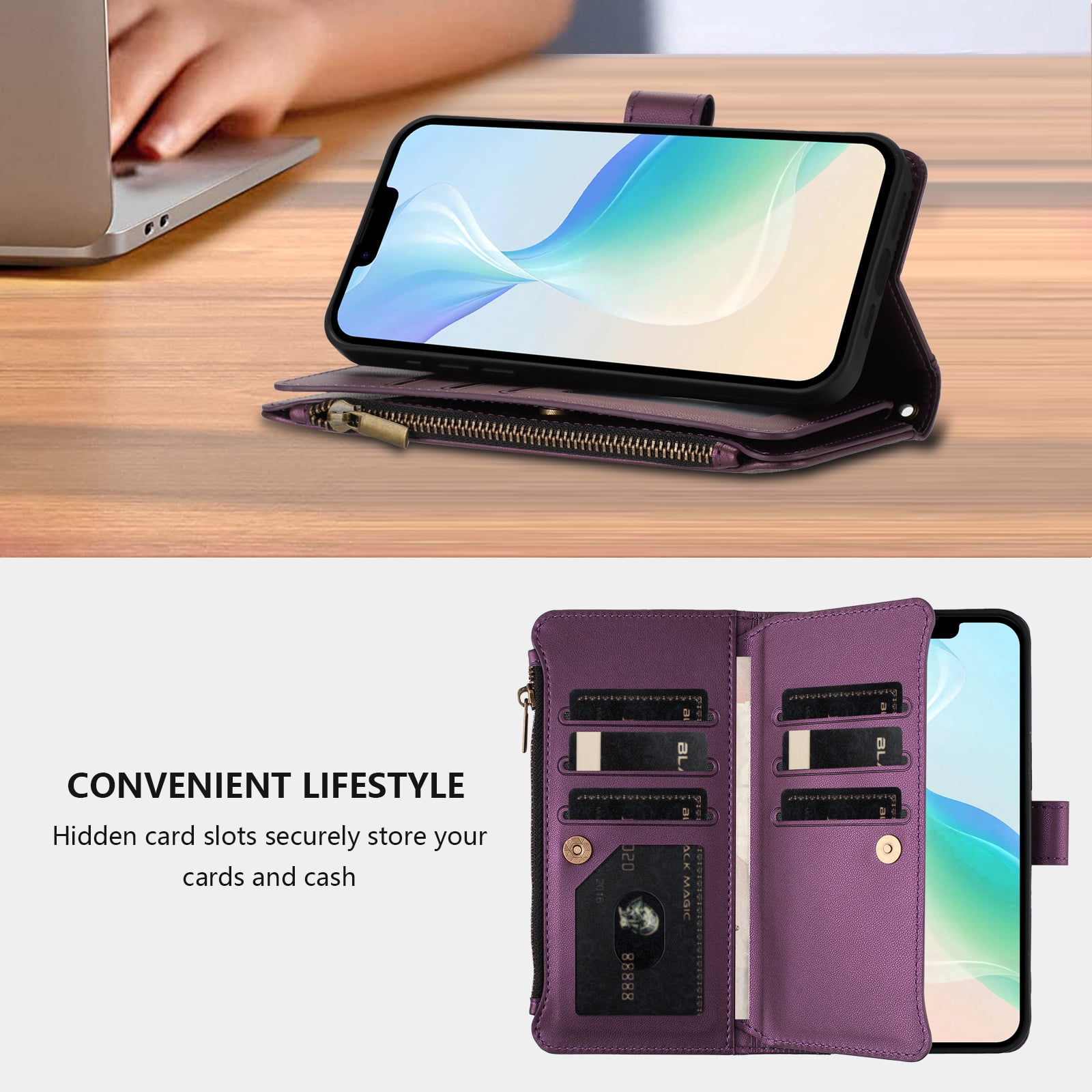 Case for TCL K24 Classic Leather Phone Case with Detachable Wrist Strap Zipper Pocket Card Holder Kickstand Support Wireless Charging Shockproof Cover
