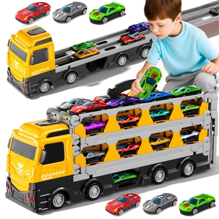 Ejection Race Track Toy Trucks, Catapulting Racing Track with 12 Cars, Kid's Cool Folding Truck Toy, Cars Storage and Transporter Toy Truck for 4 5 6 7 8 Years Old Boys and Girls