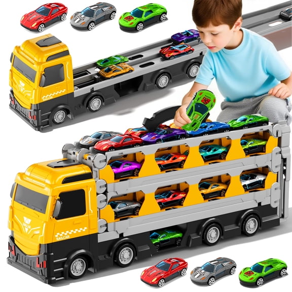 Ejection Race Track Toy Trucks, Catapulting Racing Track with 12 Cars, Kid's Cool Folding Truck Toy, Cars Storage and Transporter Toy Truck for 4 5 6 7 8 Years Old Boys and Girls