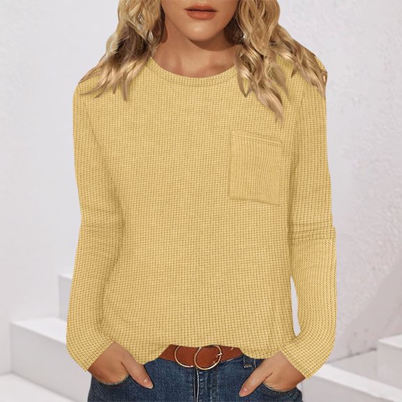 SYMOID Womens Yellow Relaxed Fit Waffle Knit Top - Crew Neck Long Sleeve with Chest Pocket - Casual for Spring & Fall,Size L