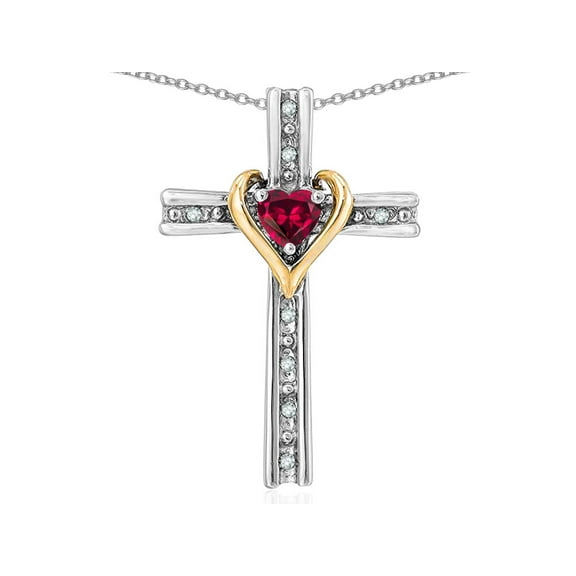 Star K� 14k Yellow Gold Two Tone Love Cross with Created Ruby Heart Stone Pendant Necklace 16 x 25mm