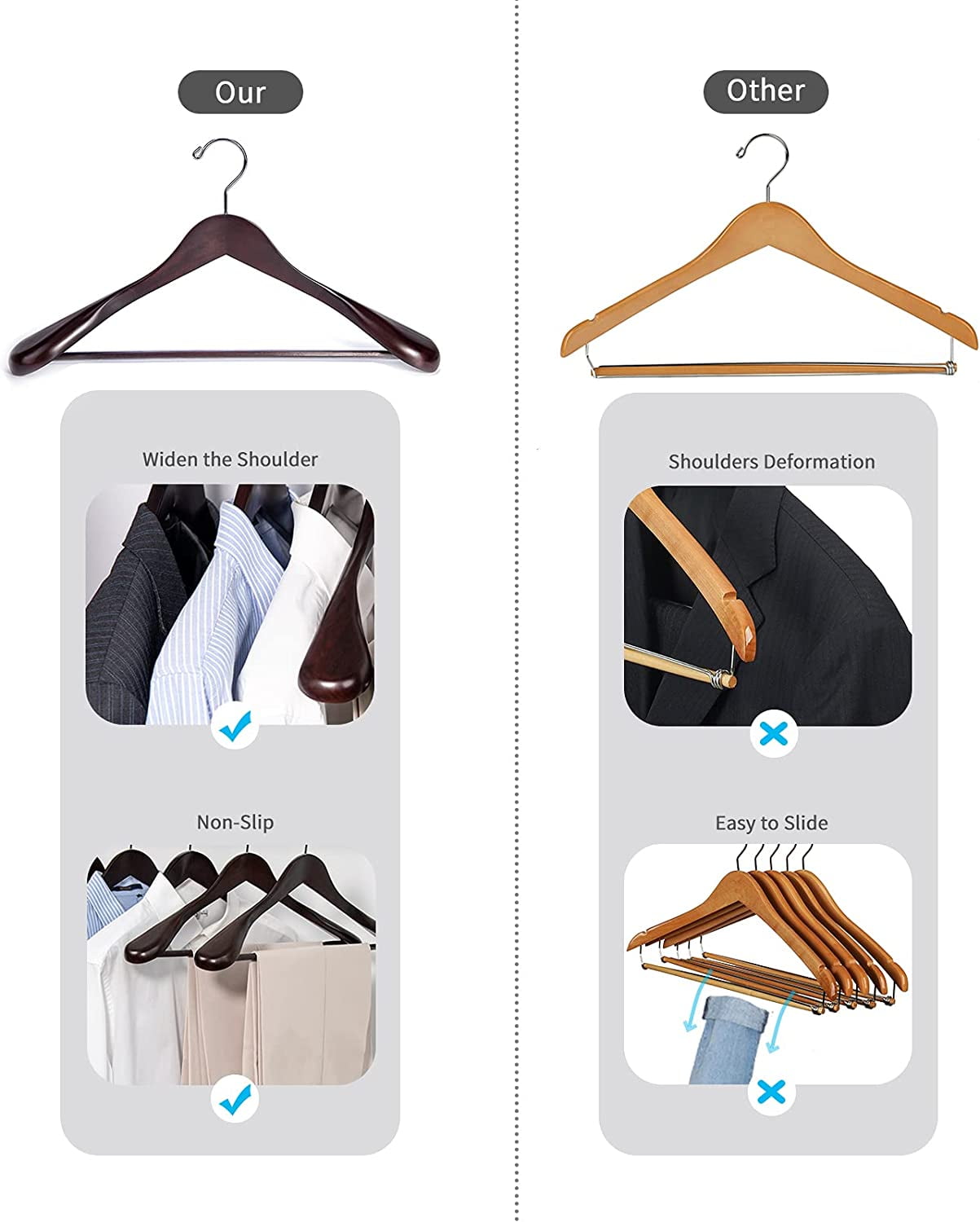 Luxury Mahogany Wooden Suit Hangers - 6 Pack - Wood Coat Hangers,Jacket Outerwear Shirt Hangers,Glossy Finish with Extra-Wide Shoulder, 360 Degree Swivel Hooks & Anti-Slip Bar with Screw
