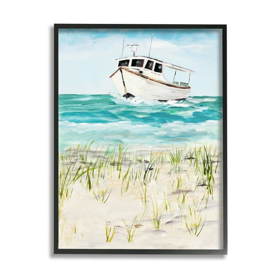 Stupell Industries Nautical Boat by Coast Grassy Beach Landscape Nature Painting Black Framed Art Print Wall Art, 11 x 14