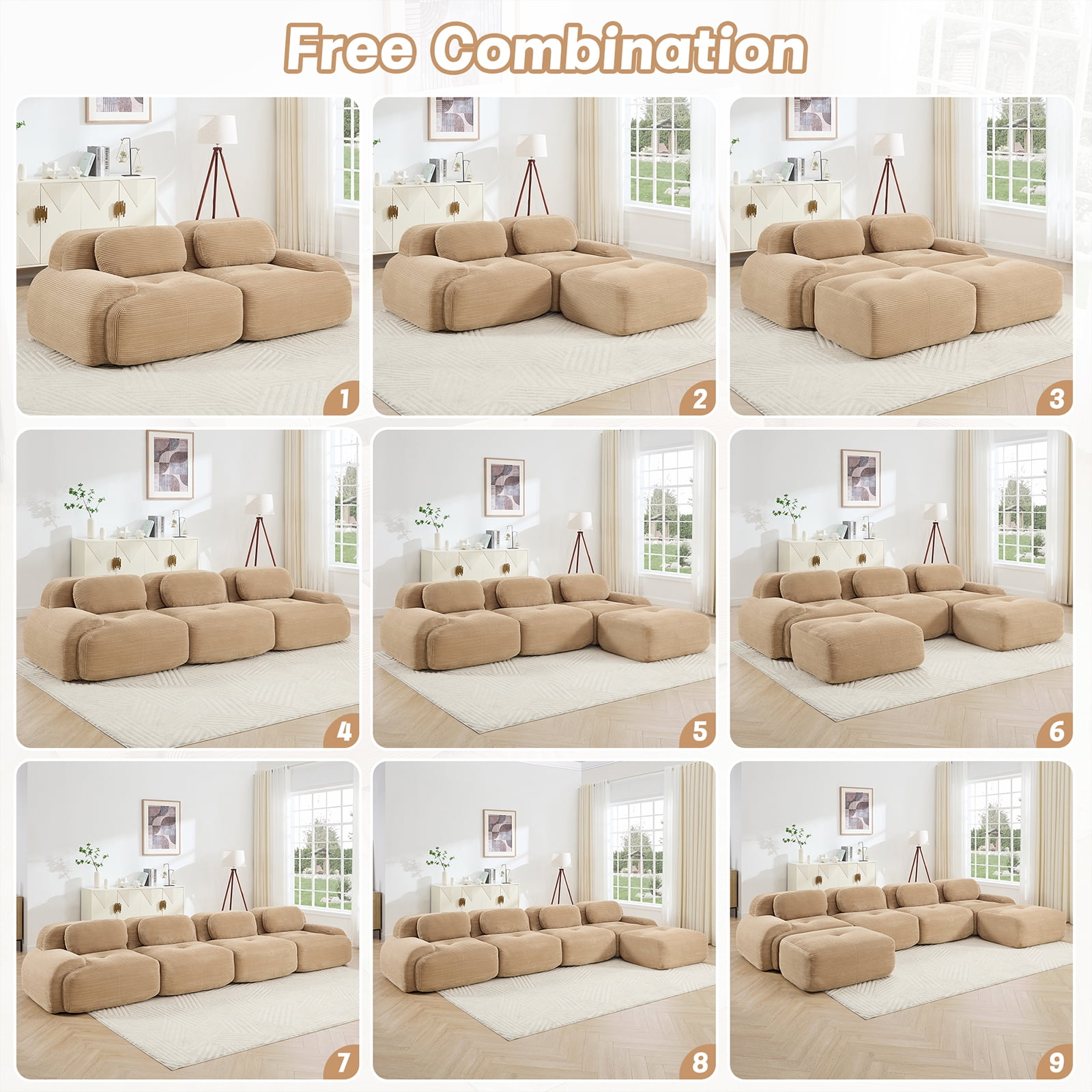 116" Modern Compressed Boneless Couch, 3 Seater Sectional Couches for Living Room, Camel Corduroy Cloud Modular Sectional Sofa, Comfy Memory Foam, Extra Deep, Sofas para Sala, No Assembly
