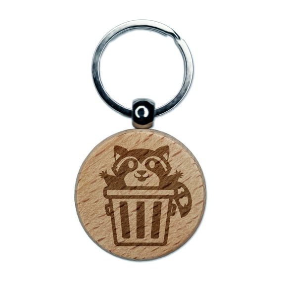 Lively Raccoon in Trash Can Round Keychain Charm Tag - Engraved Wood