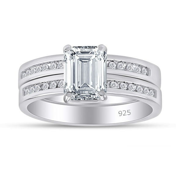 3.00 CT Emerald & Round Cut White Cubic Zirconia Bridal Ring set In 14K White Gold Plated 925 Sterling Silver (Color: White, Clarity: VVS1-VVS2, 3.00 Cttw) -4