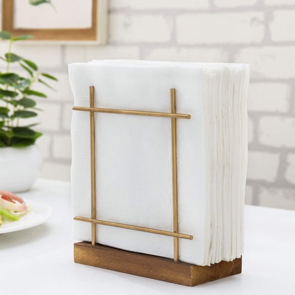 MyGift Rustic Dark Brown Wood Base and Brass Metal Cross-Corner Napkin Holder