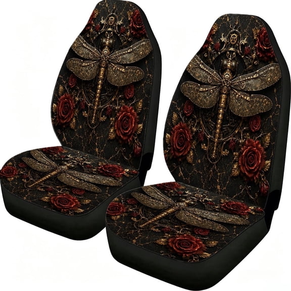 Odenmar Vintage Dragonfly Rose Car Seat Covers, 2-Piece Front Protectors, Breathable Mesh Fabric, Universal Fit for Trucks Vans Suvs