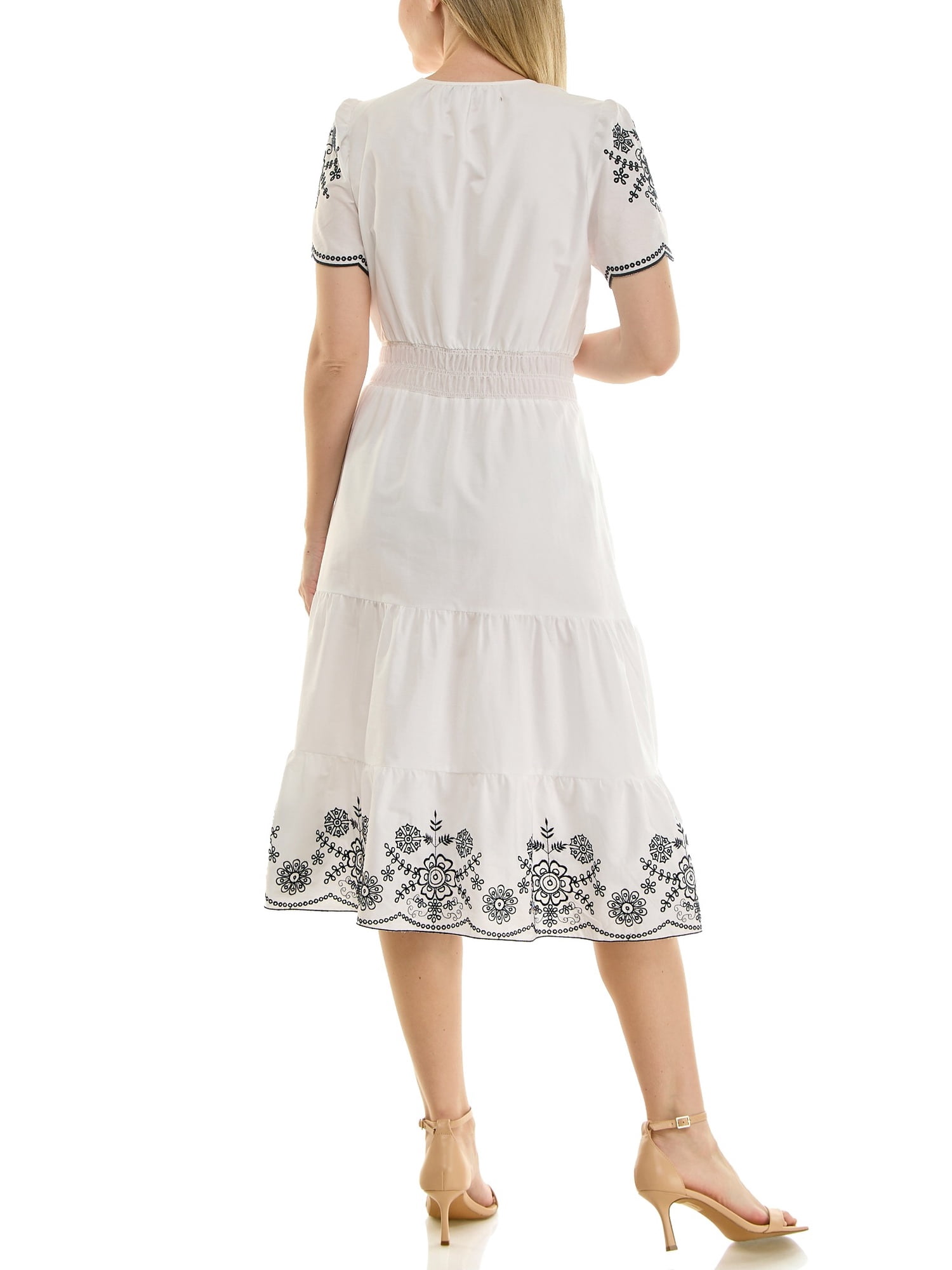 Nanette Lepore Split Neck Cotton Midi Dress With Embroidery