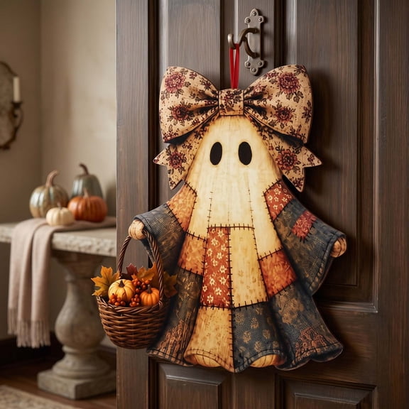 Qwtwty Halloween Ghost Decorations Patchwork Ghost Halloween Ornament Vintage Ghost Hanging Decor with Floral Bow for Front Door Home Decor