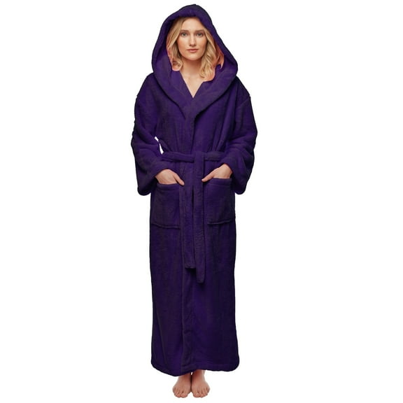 Arus Marketing Women's Hooded Premium Fleece Full Length Bathrobe Soft Plush Robe Purple Large Ankle Length
