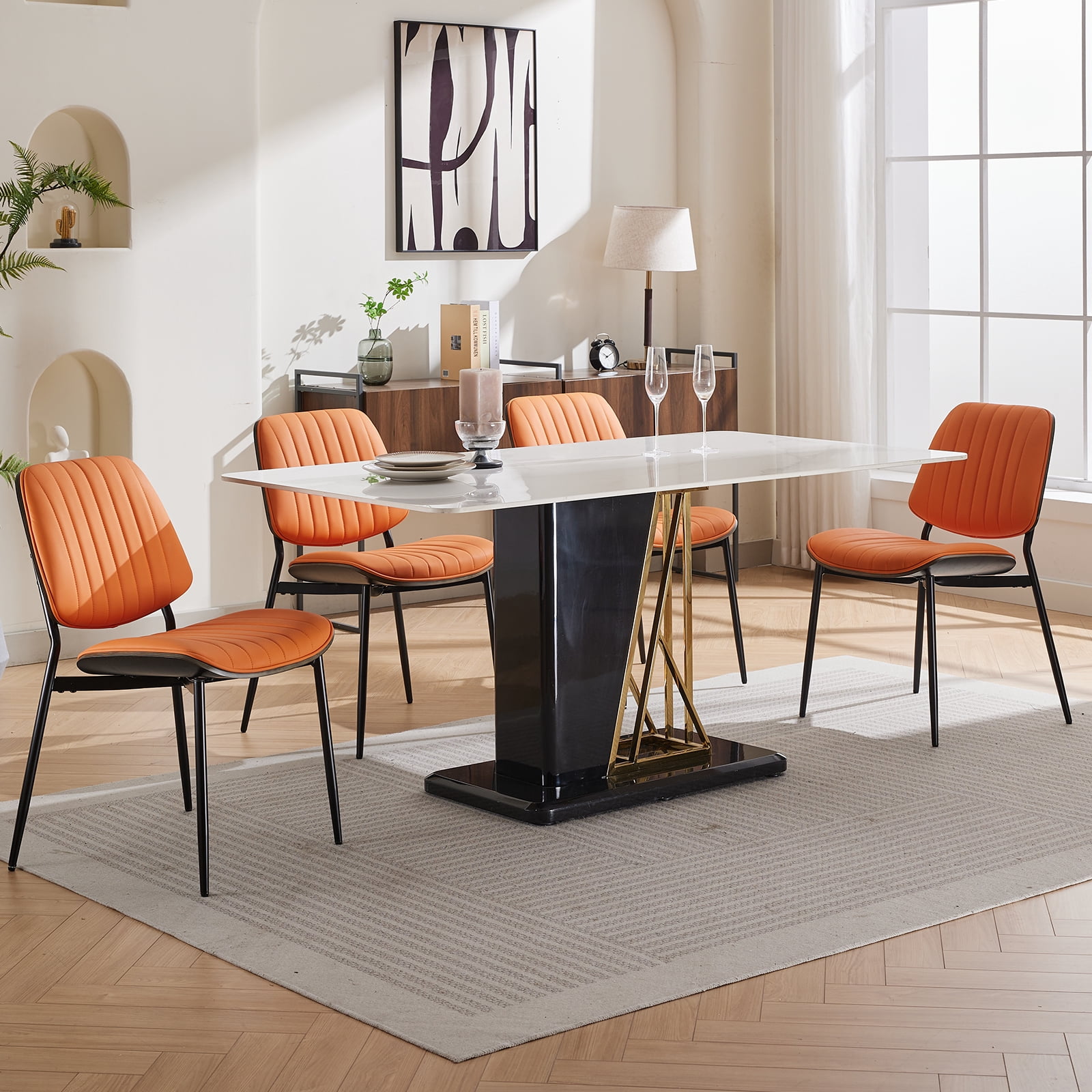 Mid Century Modern Dining Chairs Set of 6, Orange Kitchen & Dining Room Chairs Set of 6, Upholstered PU Leather Kitchen Chairs for Dining Table, Sillas de Comedor, Metal Legs, Walnut Back (Orange)