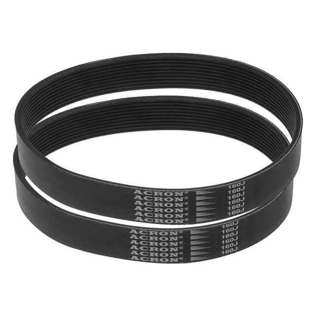 Unique Bargains 160J10 PJ V-Ribbed Belt, EPDM Micro V Serpentine Belt, 2 Pack. The image shows two black V-ribbed belts made of EPDM rubber, featuring a durable design with high-temperature, oil, and wear resistance. The belts have a multi-ribbed structure for enhanced traction and power transmission, suitable for industrial machinery, appliances, and power tools. The belts are labeled with '160J' markings and are coiled in a stacked arrangement.